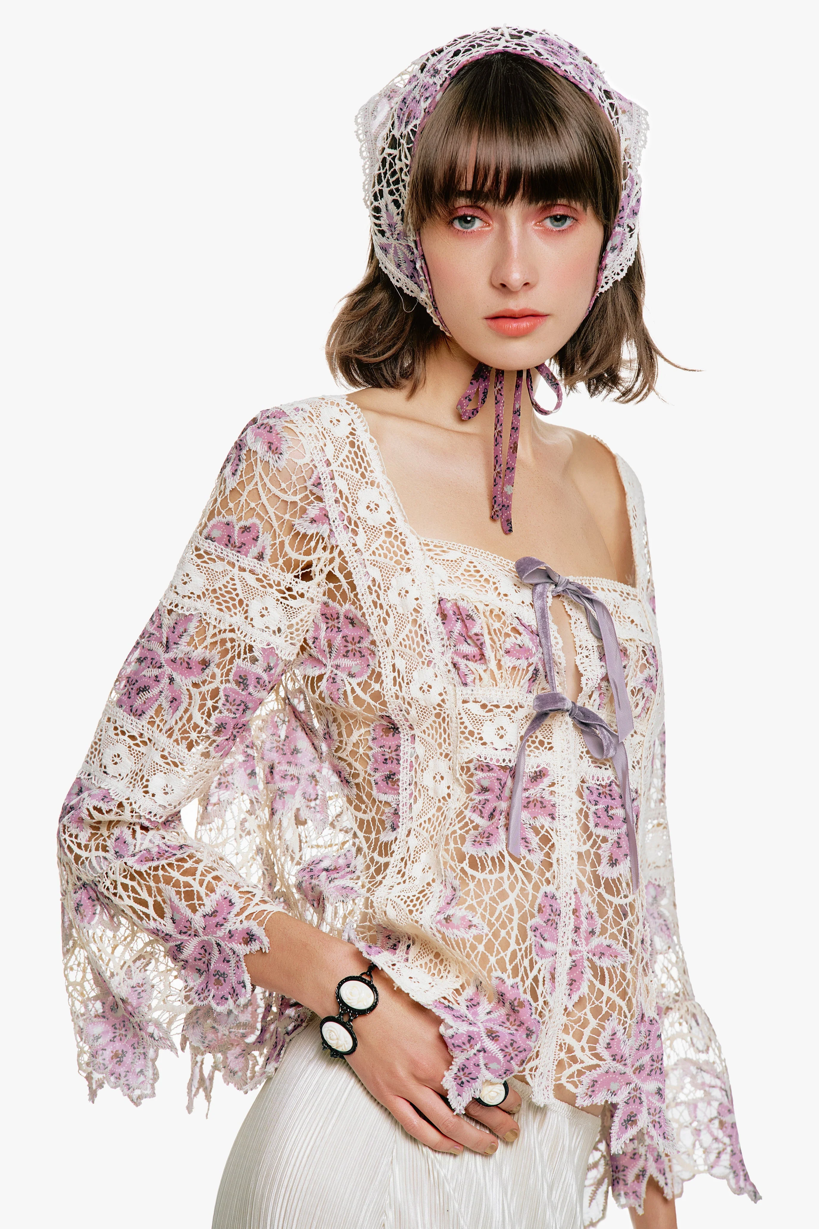 Anna Sui Medallion Floral Lace Tie Blouse - Image 8
