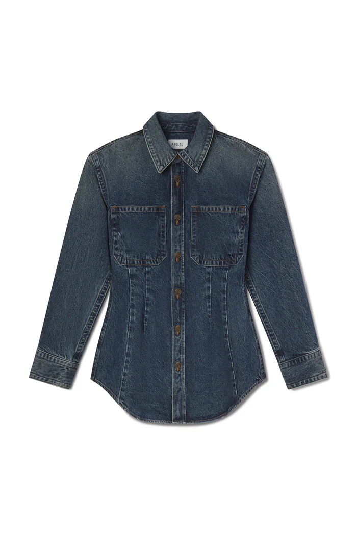 AGOLDE Wilma Denim Jean Shirt - Marbled Dark Indigo - Image 6