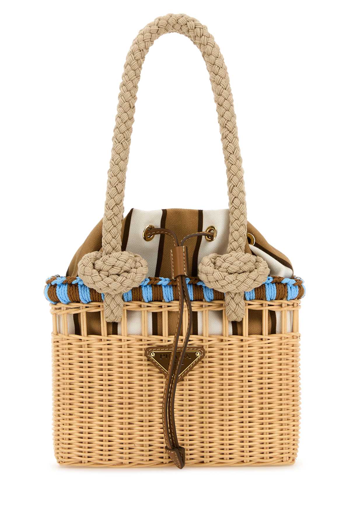 Prada Wicker Mini Shopping Bag Tote - Naturale/Celeste