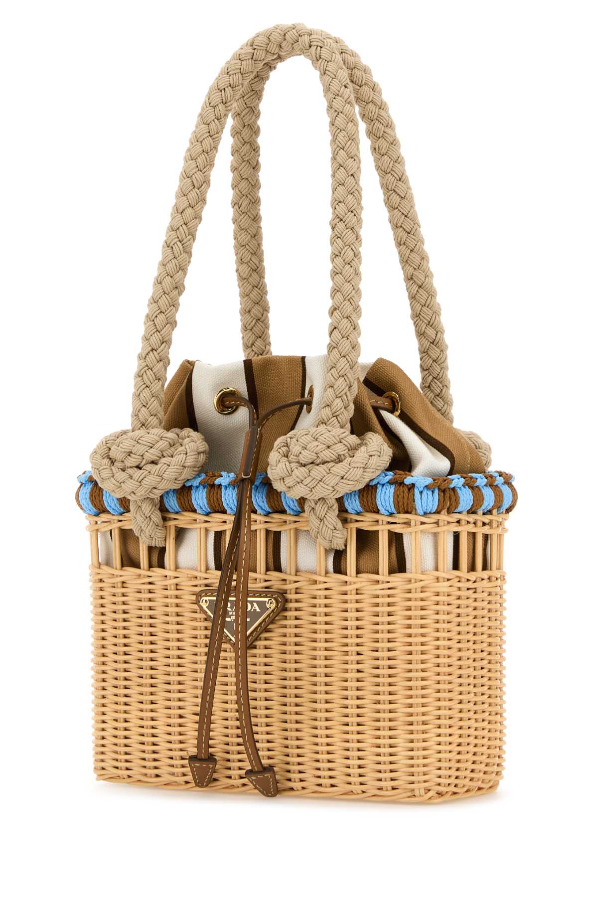 Prada Wicker Mini Shopping Bag Tote - Naturale/Celeste - Image 2