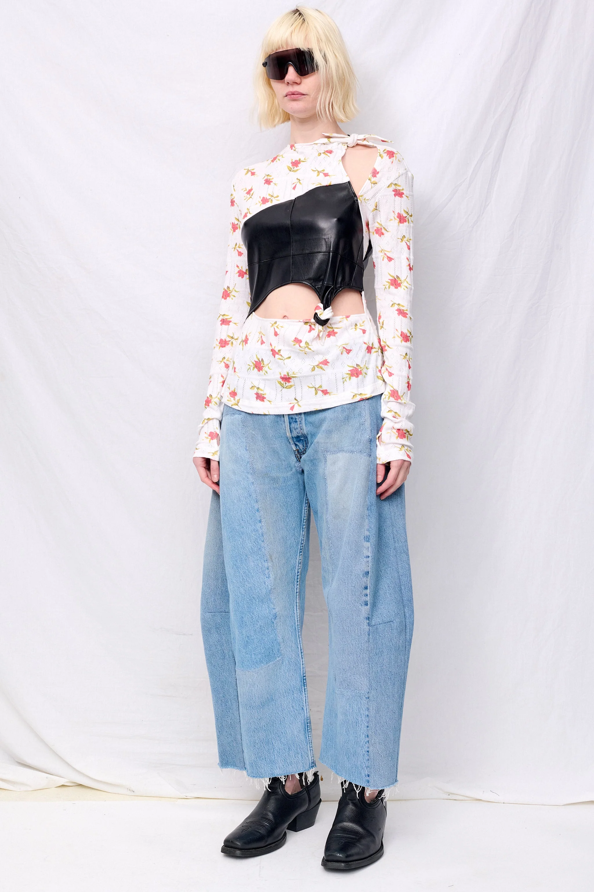 Zimo White Floral Jersey Knots Pintuck Top - Image 2
