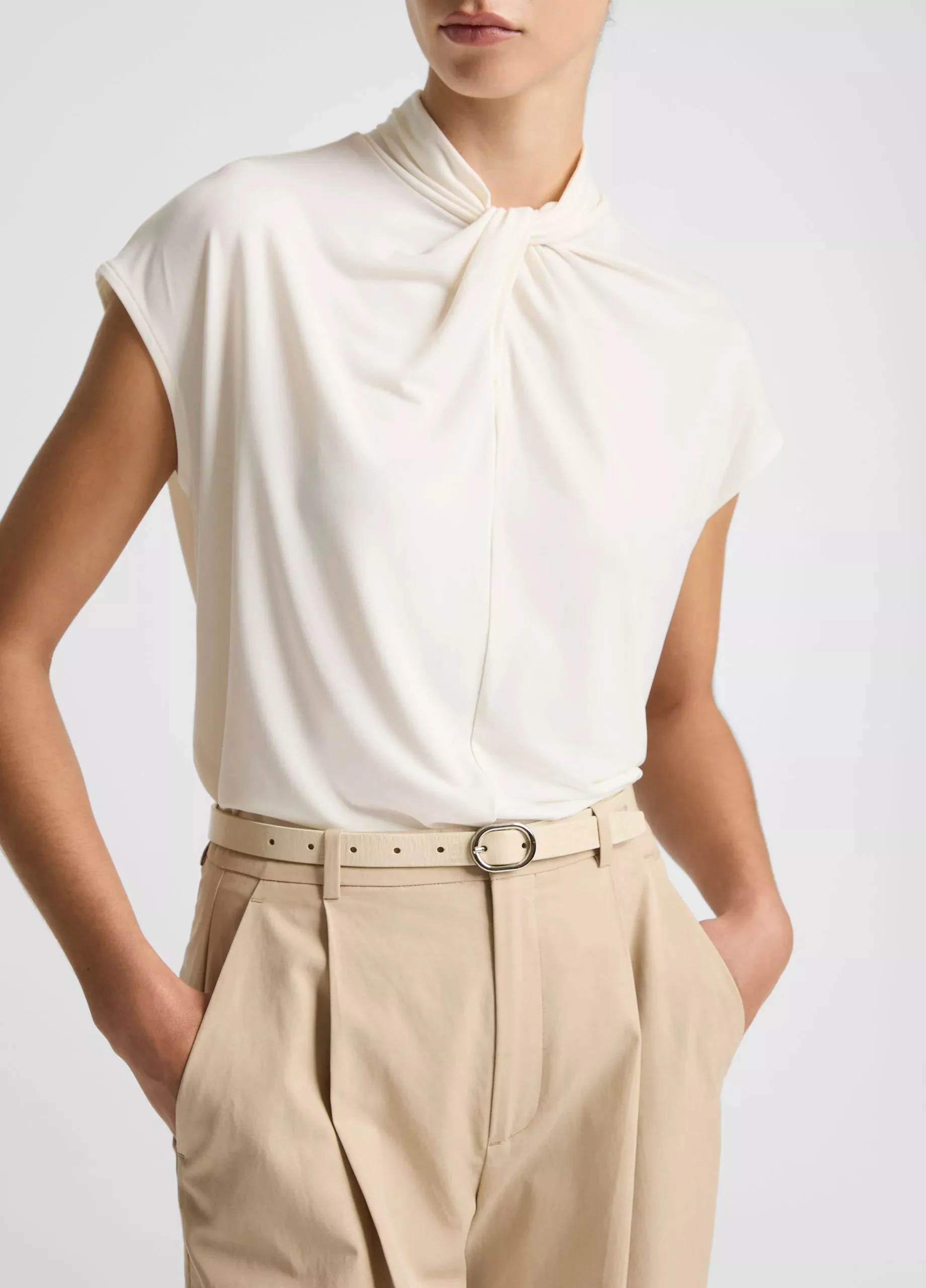 VINCE Twist-Neck Matte Jersey Cap-Sleeve Top - Image 2