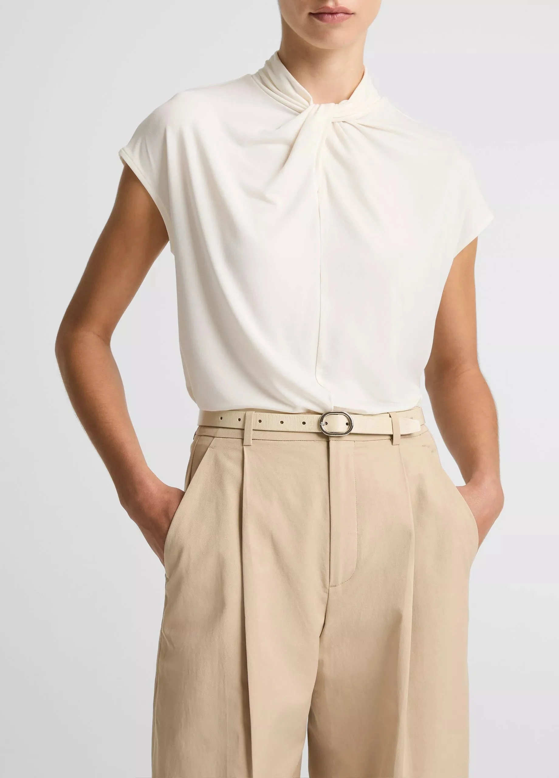 VINCE Twist-Neck Matte Jersey Cap-Sleeve Top - Image 4