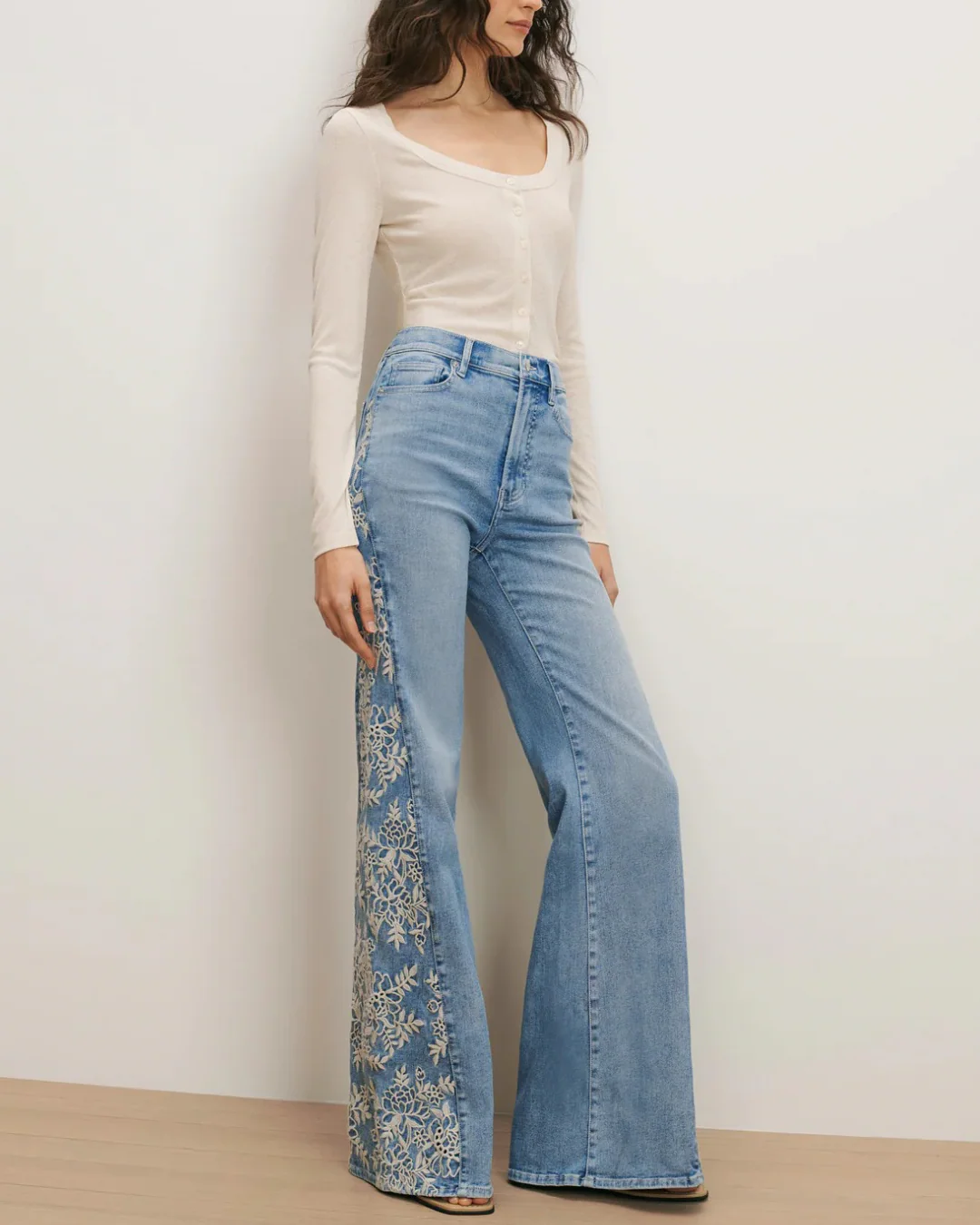 Veronica Beard Joplin High Rise Wide Flare with Embroidered Godet Jeans - Silverwood Moon - Image 3