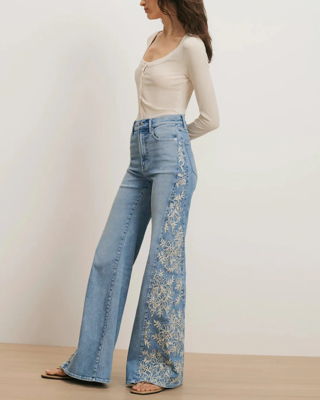 Veronica Beard Joplin High Rise Wide Flare with Embroidered Godet Jeans - Silverwood Moon - Image 4
