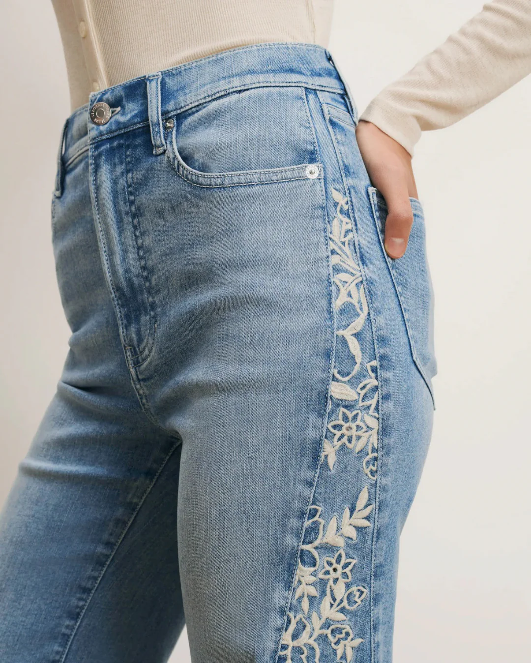 Veronica Beard Joplin High Rise Wide Flare with Embroidered Godet Jeans - Silverwood Moon - Image 5