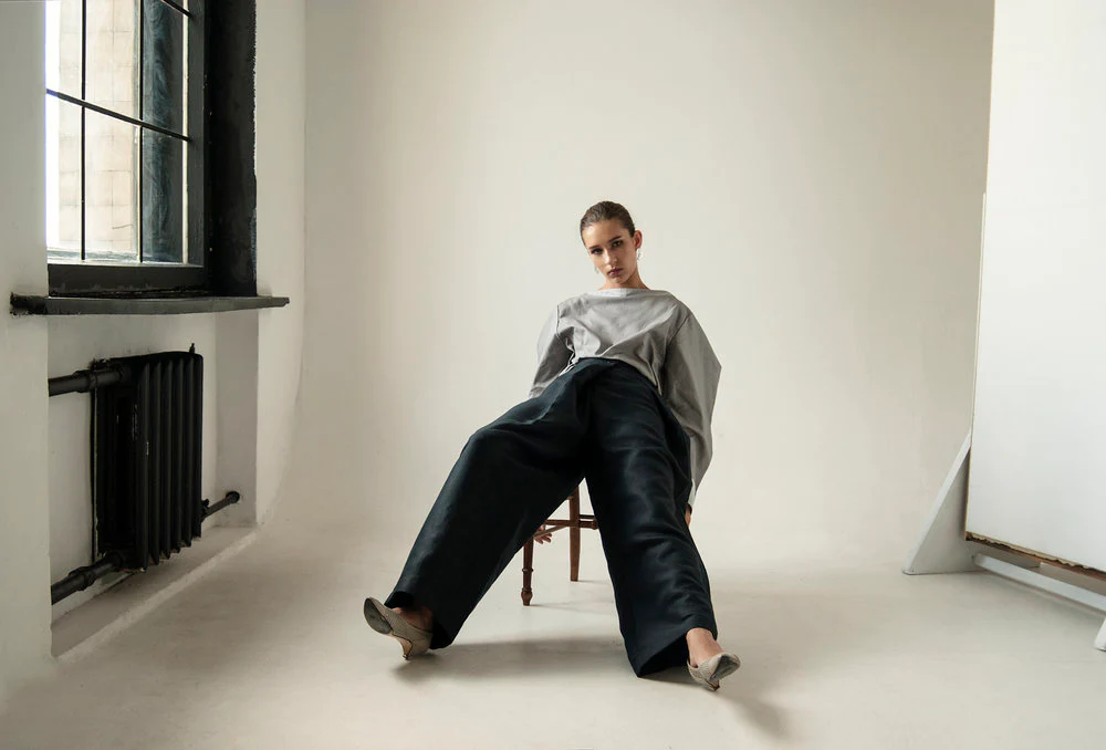 K M by L A N G E Wide leg crossover Button Sharovary pants - NAVY - Image 9