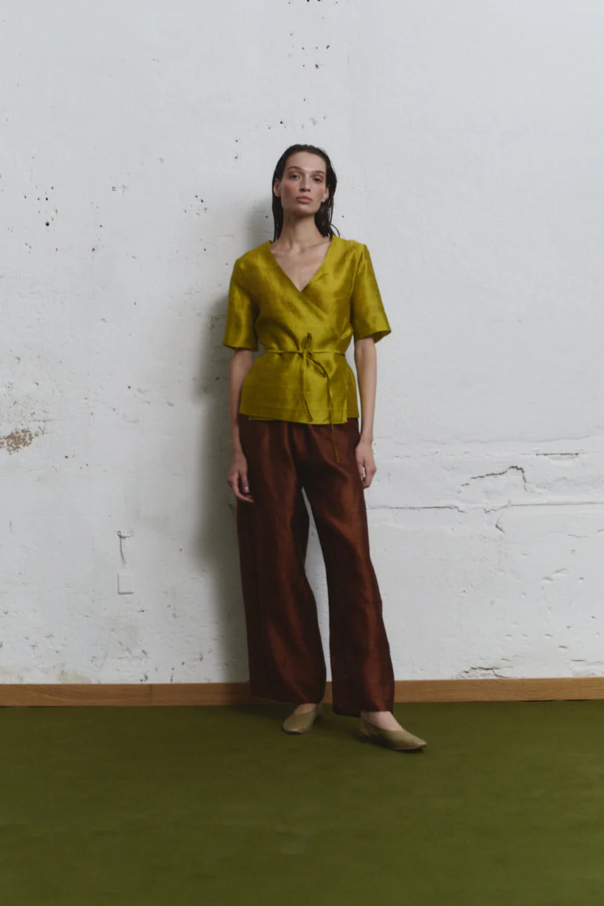 Datura Pistacho Dupion Wrap Top - Image 3